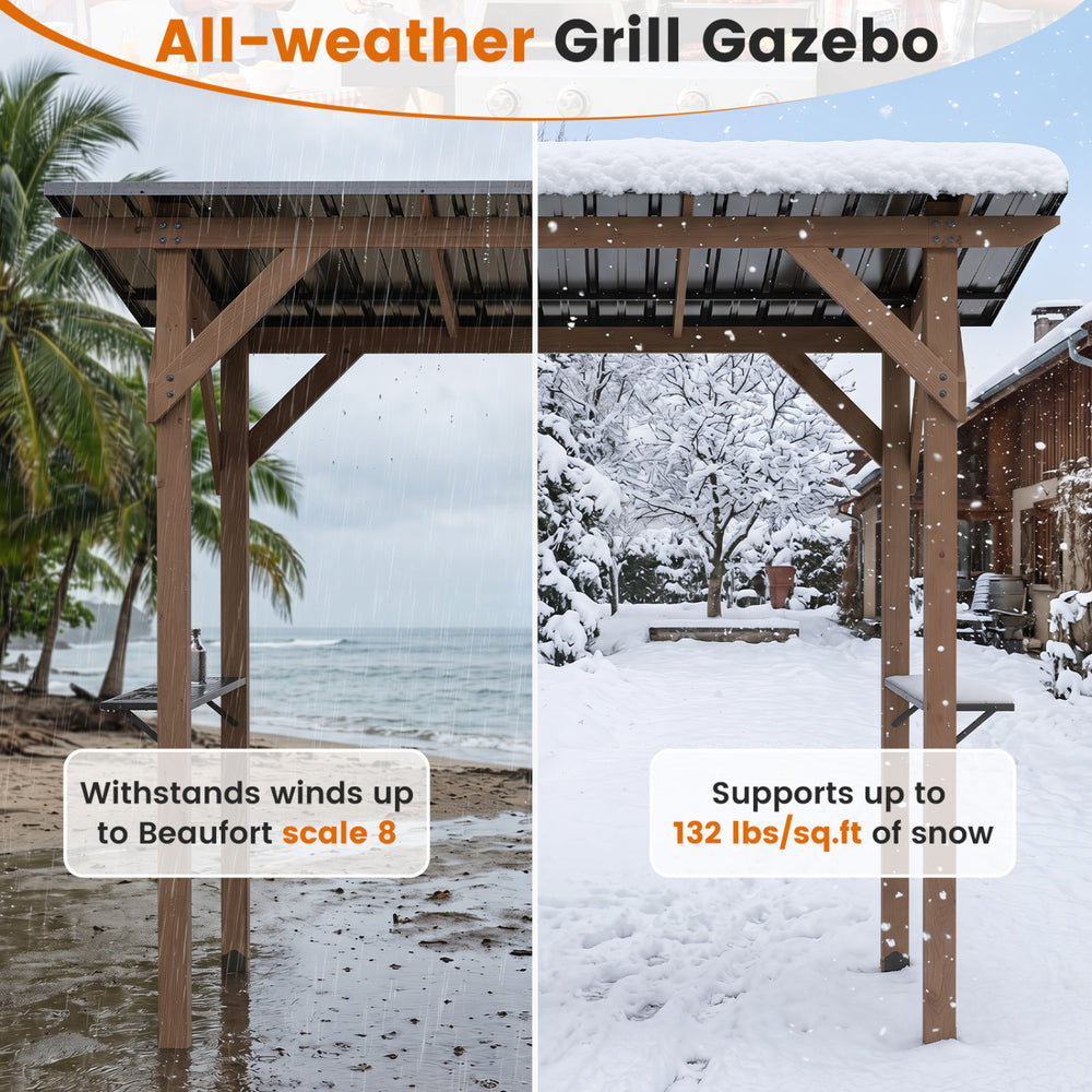 Grill gazebo made of cedar wood with a sloped metal roof, supports 132 lbs/sq.ft of snow for outdoor BBQ gatherings.