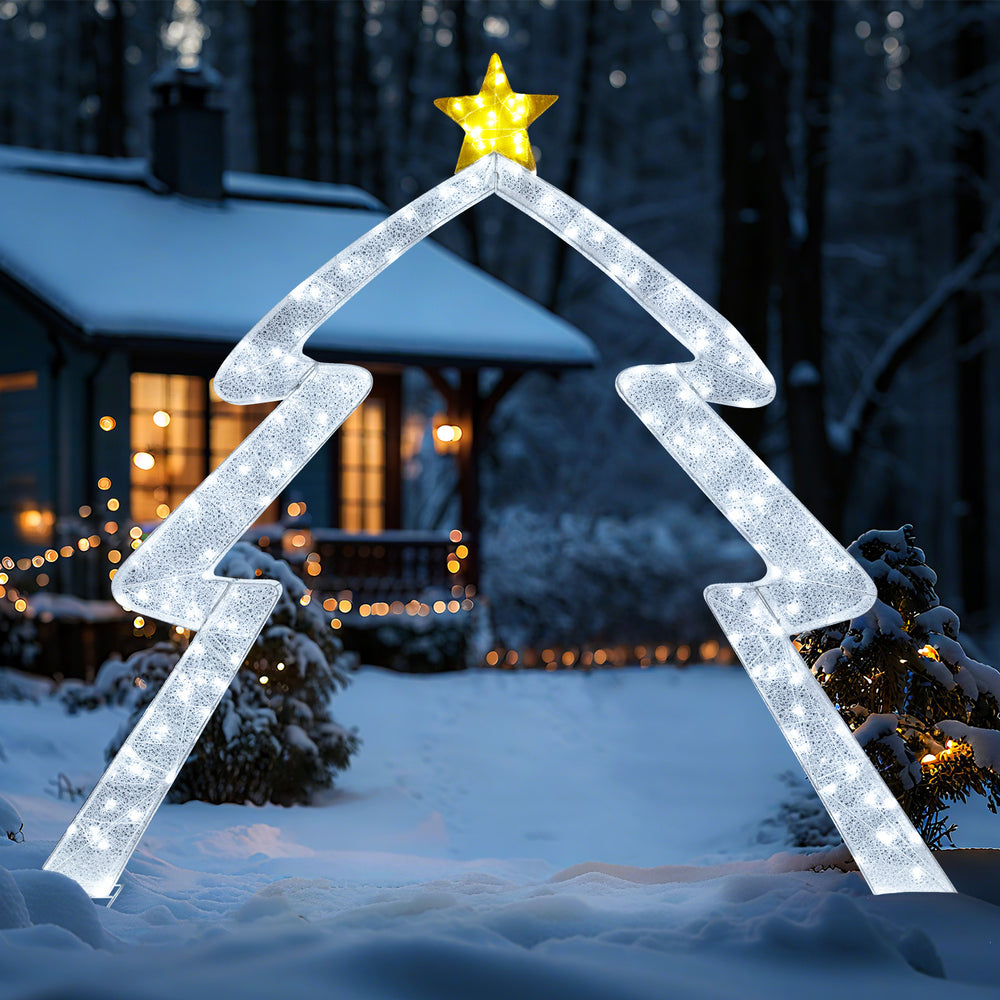 Christmas tree-shaped archway with top star, featuring bright LED lights, ideal for yard decoration during the holidays.