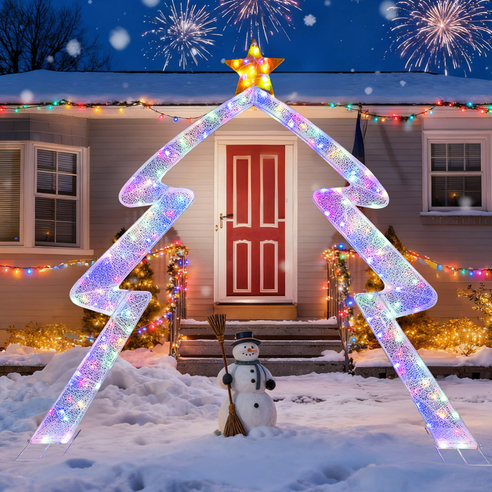Christmas tree-shaped archway with top star, showcasing adjustable LED lights and sturdy metal frame for outdoor.