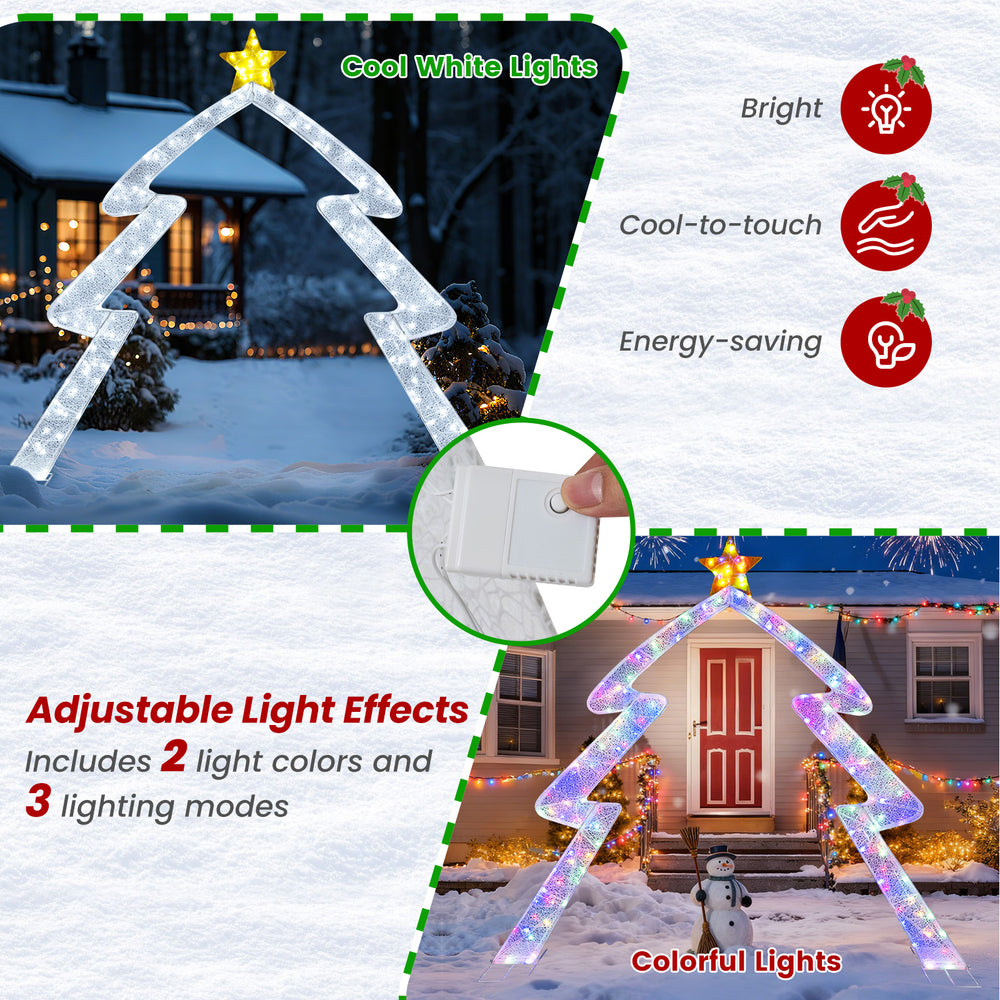 Christmas tree-shaped archway with top star, featuring adjustable LED lights for festive yard decoration.