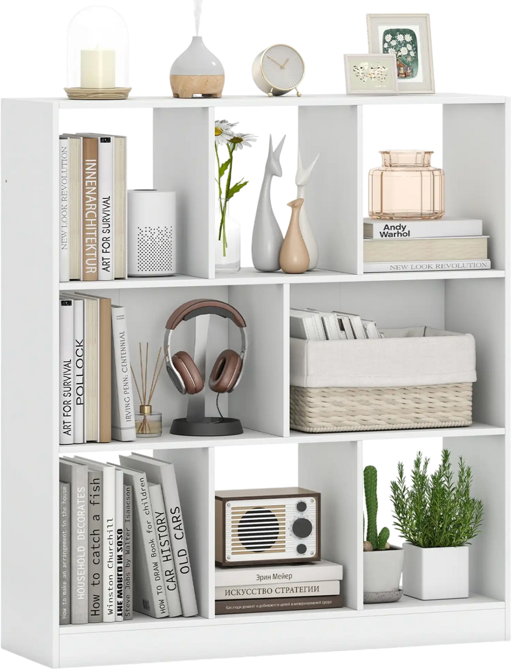 Modern 8-cube bookcase in white, perfect for organizing books and decor in living rooms or home offices.
