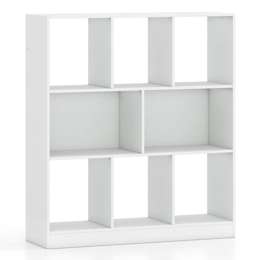 White 8-cube bookcase with closed-back compartments, ideal for organizing books and decorations in living rooms or offices.