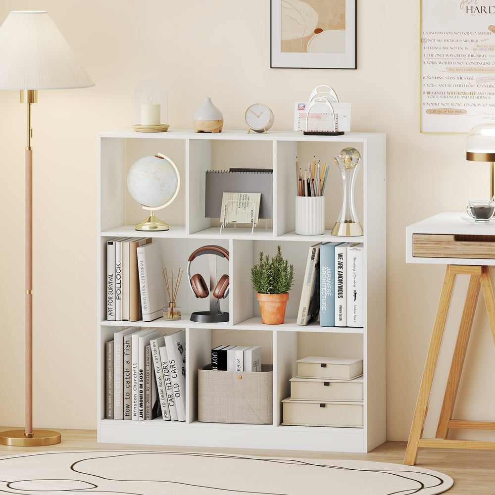 Modern 8-cube bookcase in white, featuring closed-back compartments for secure storage in living rooms or home offices.