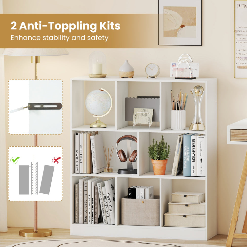 8-cube bookcase in rustic brown and white features anti-tipping kits, ideal for living rooms and home offices.