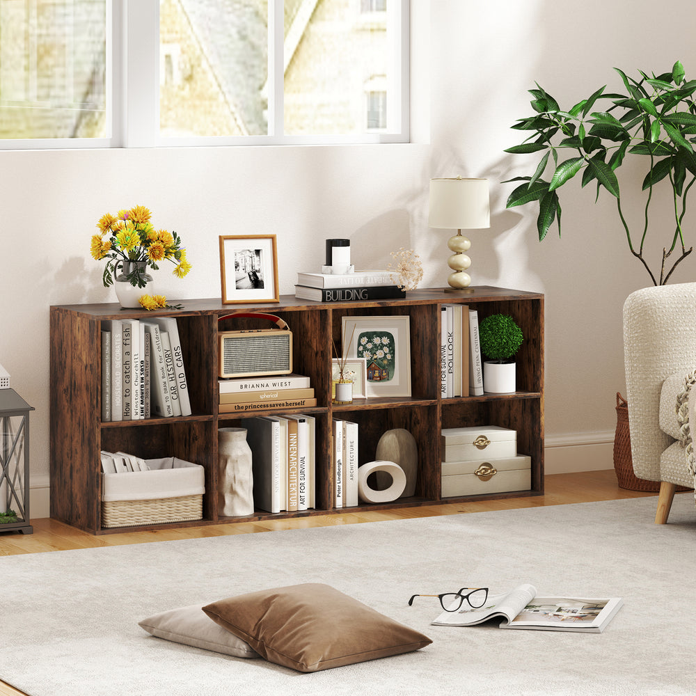 Rustic brown 8-cube bookshelf with wide countertop, anti-tipping kits, ideal for living room or study organization.
