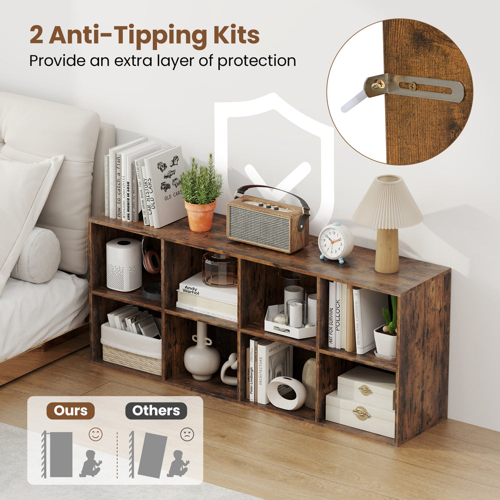 8-cube bookshelf in rustic brown with anti-tipping kits, ideal for organizing books and decor in any room.