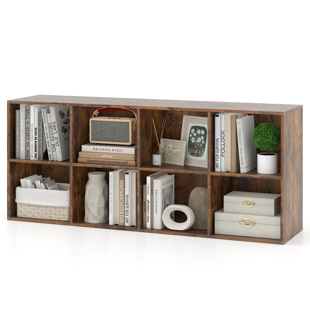 8-cube bookshelf in rustic brown with storage organizer, featuring anti-tipping kits for safety and a stylish display.