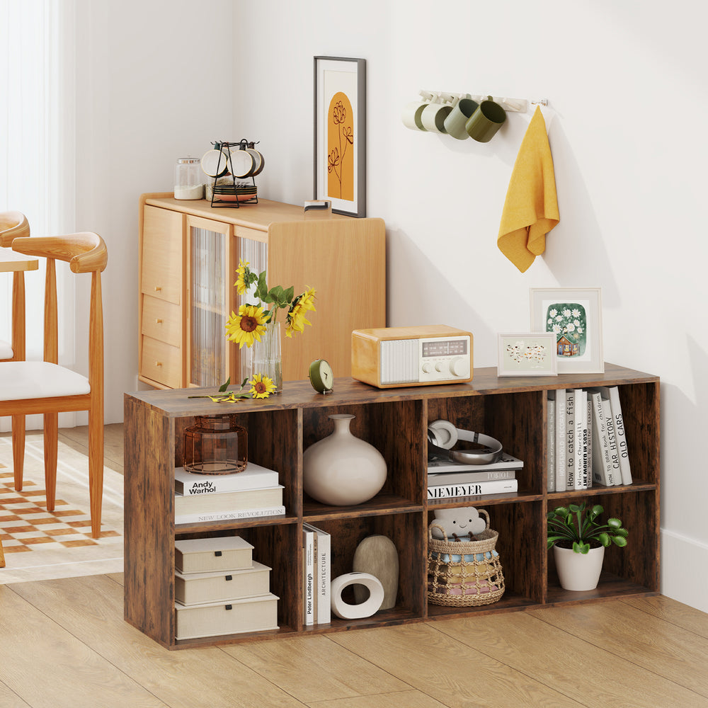 Rustic brown 8-cube bookshelf showcasing a wide countertop and strong plastic brackets, perfect for stylish.