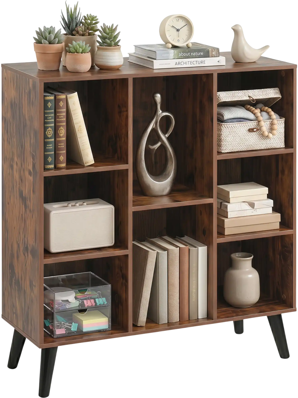 Rustic brown 8-cube bookcase with raised support legs, featuring various storage options for living room organization.