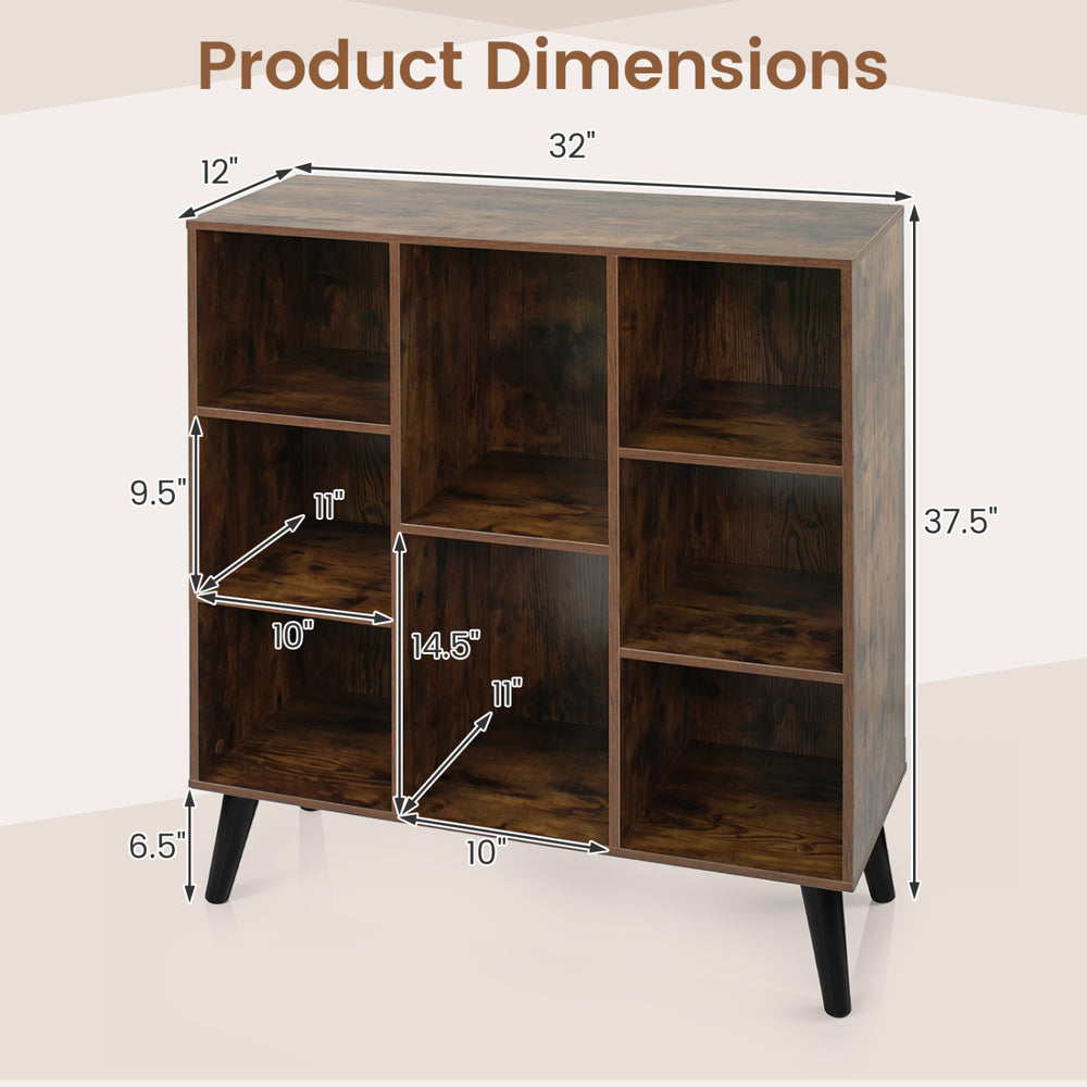8-cube bookcase in rustic brown with raised support legs, featuring various cube sizes and anti-tipping kits for safety.