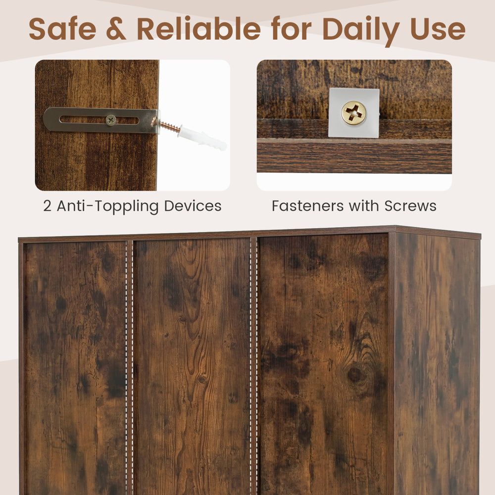 The 8-cube bookcase in rustic brown features anti-tipping devices and raised support legs for stability and safety.