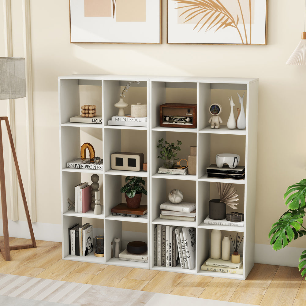 Stylish 8-cube bookshelf in white showcasing decorative items and plants, perfect for enhancing living room or bedroom.