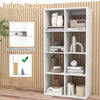 8-cube bookshelf in white with back guardrail, featuring anti-tipping kits for safety and ample storage for decor and.