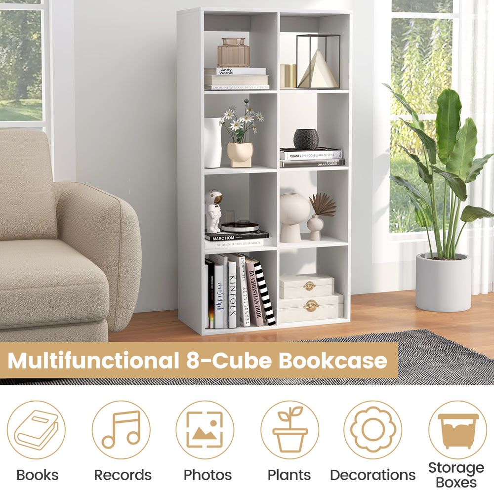 Multifunctional 8-cube bookcase in white with ample storage for books, plants, and decorations, ideal for living room.