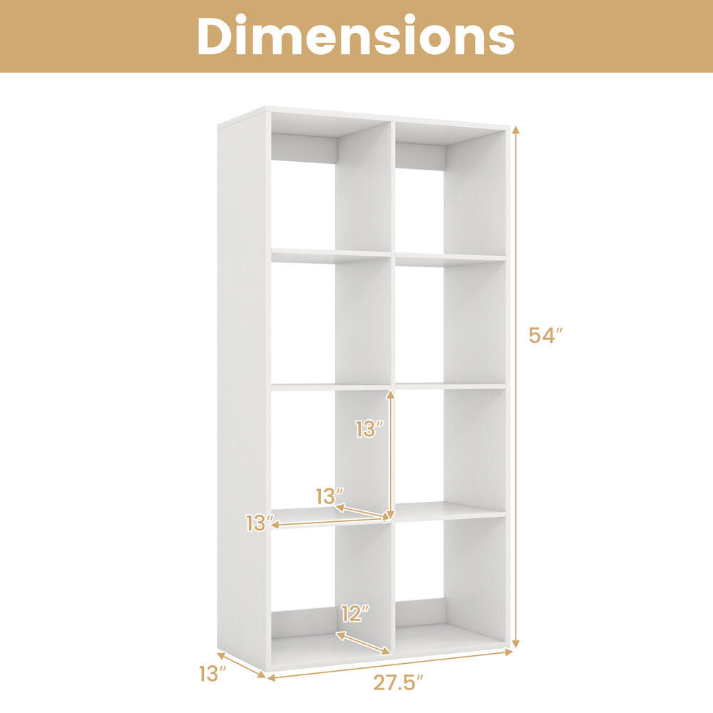 Dimensions of the 8-cube bookshelf in white, measuring 54" tall and 27.5" wide, ideal for living room or bedroom.