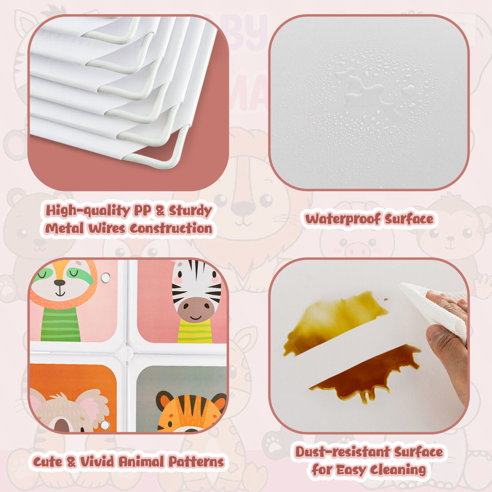 8-cube kids wardrobe closet featuring durable PP material, cute animal patterns, and a waterproof surface for easy.