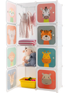 Colorful 8-cube kids wardrobe closet with cartoon animal doors, featuring a hanging section for versatile storage.