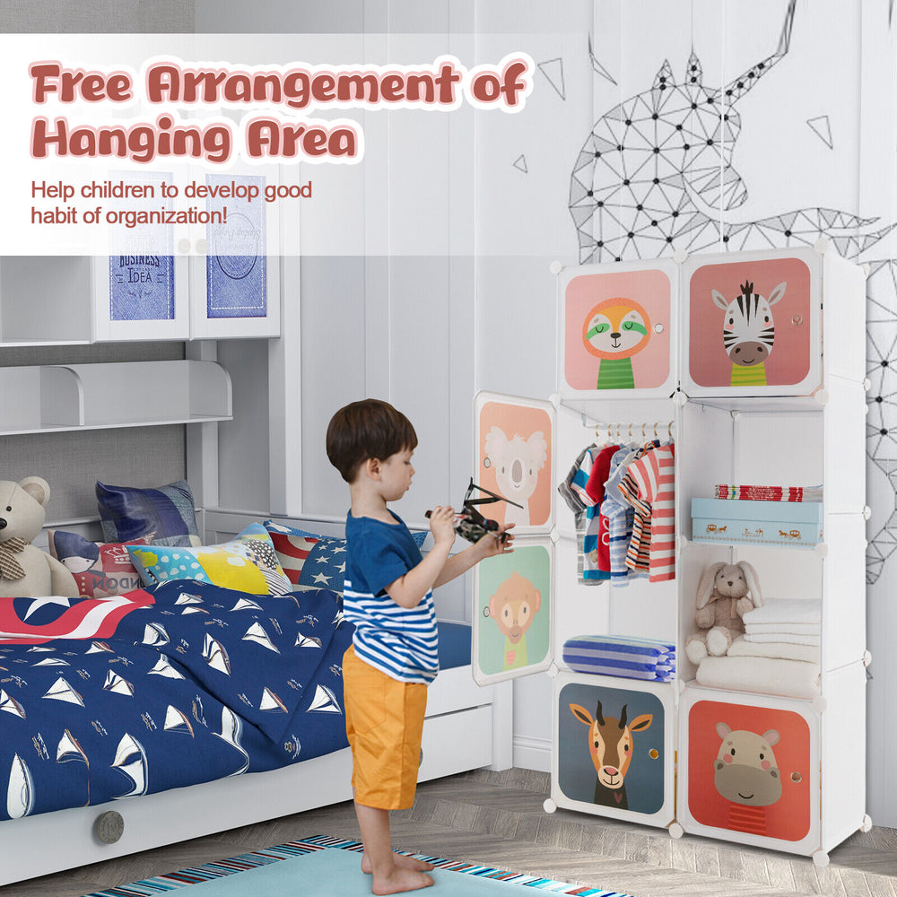 8-cube kids wardrobe closet with hanging section, featuring adorable cartoon doors, perfect for organizing children's.
