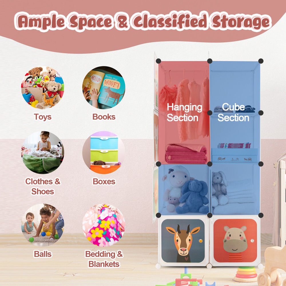 8-cube kids wardrobe closet featuring a hanging section, colorful doors, and versatile storage for toys and clothes.