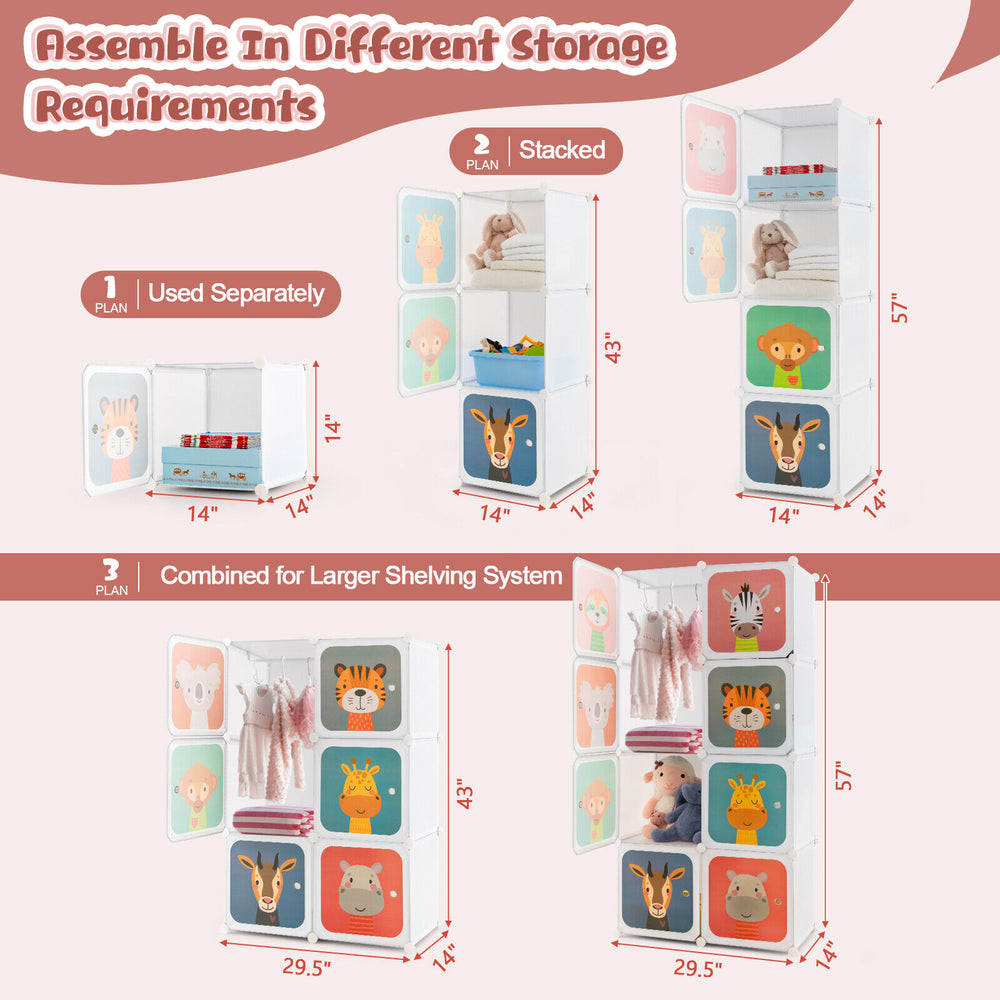 8 Cube Kids Wardrobe Closet showing flexible arrangements with adorable animal patterns, perfect for children's storage.