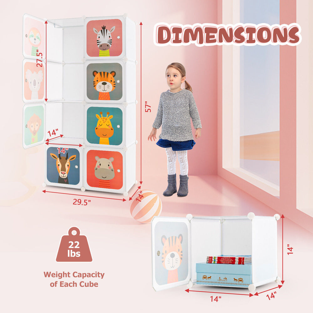 8-cube kids wardrobe closet with cartoon doors, featuring a hanging section, made of durable lightweight PP material.