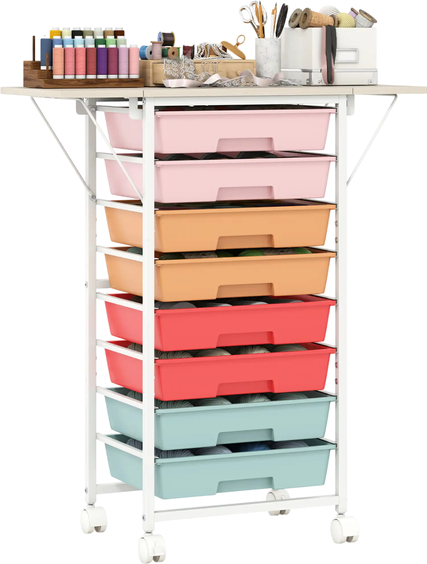 Costway 8-Drawer Rolling Storage Cart Wood Top Folding Side Panels 38929632 New