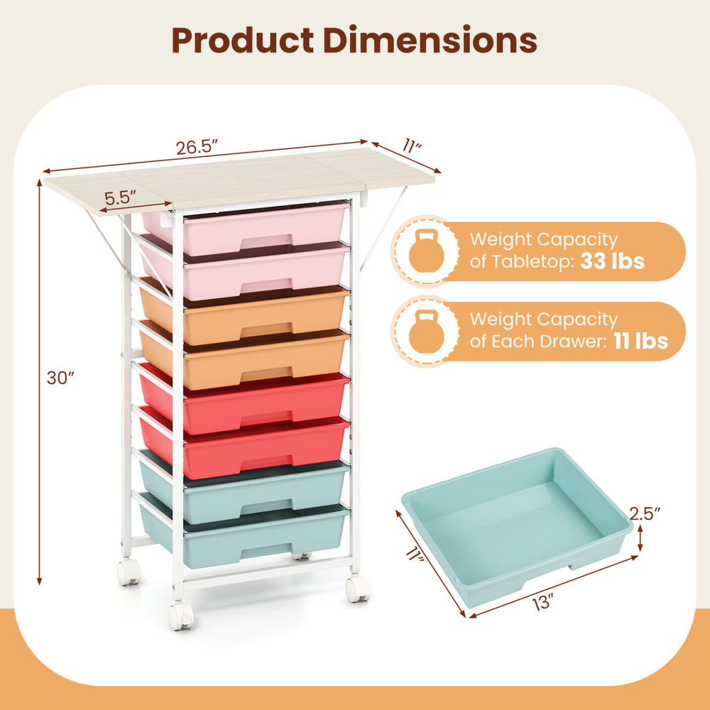 Dimensions of the 8-drawer rolling cart highlight a spacious tabletop and sturdy design for effective organization solutions.