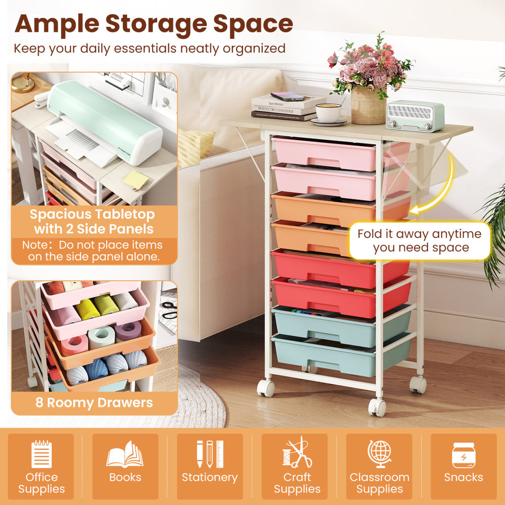 Rolling storage cart with 8 roomy drawers, powder-coated metal frame, and spacious tabletop for versatile organization.
