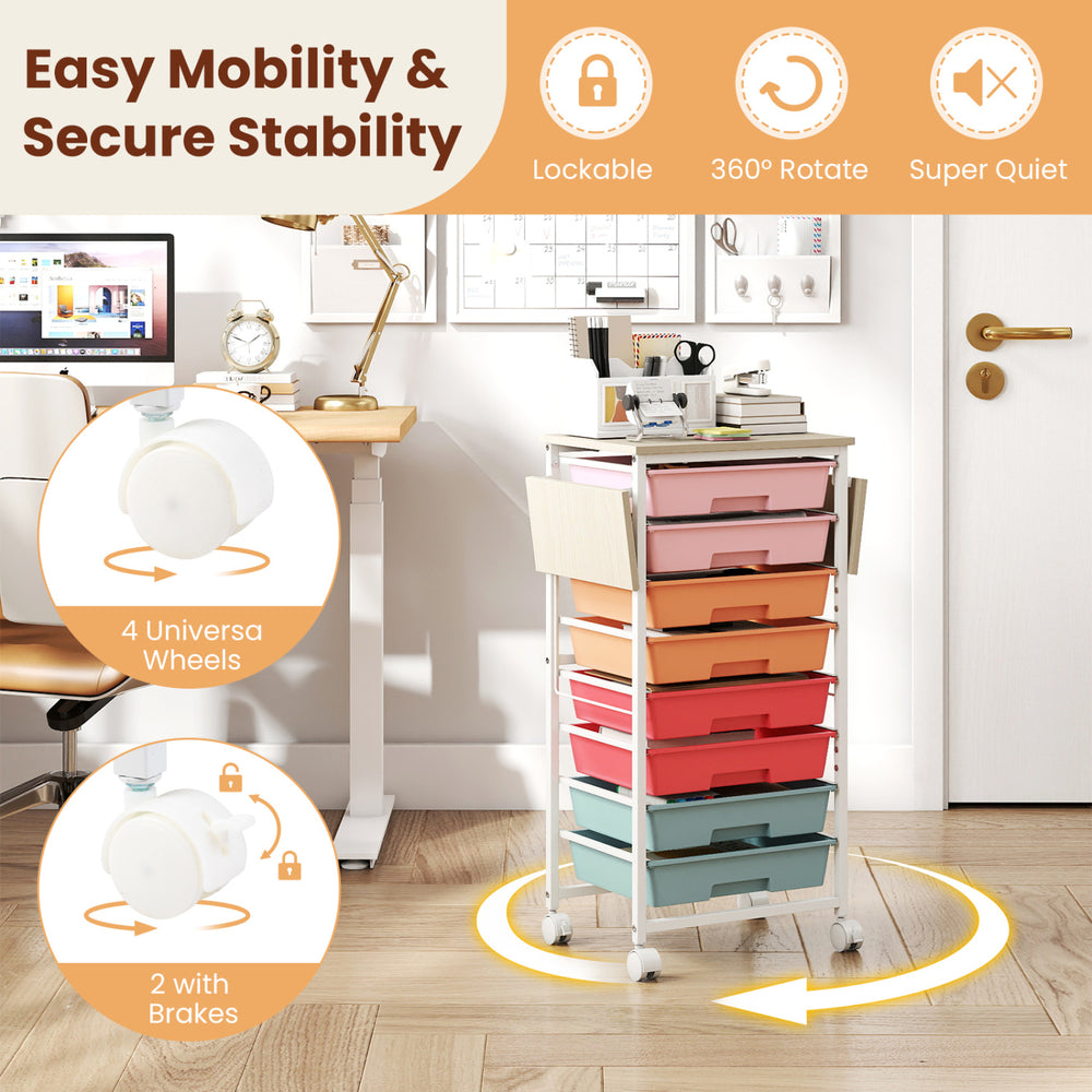 8-drawer rolling cart with 4 universal wheels, lockable brakes, and a spacious tabletop for versatile storage solutions.