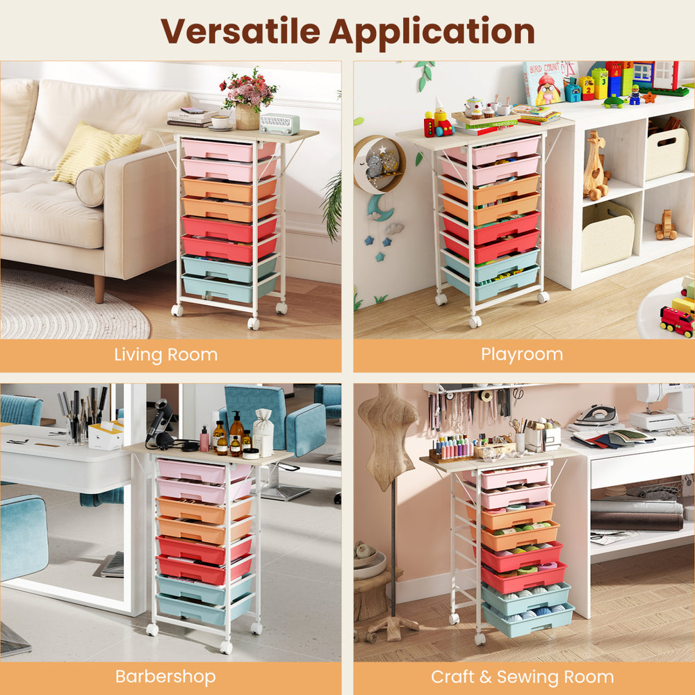 Rolling storage cart with 8 colorful drawers and wheels, ideal for versatile use in living rooms, playrooms, or craft rooms.