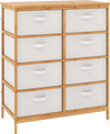 8-drawer dresser with removable beige fabric bins and sturdy bamboo frame, ideal for bedroom organization and display.