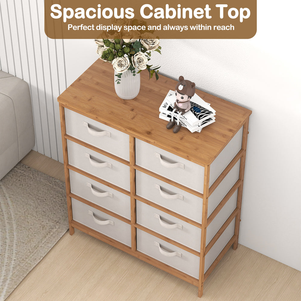 8-drawer dresser with removable fabric bins in beige, featuring a spacious top for display and sturdy bamboo frame.