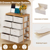 8-drawer dresser with removable beige fabric bins on a sturdy bamboo frame, ideal for bedroom organization and display.
