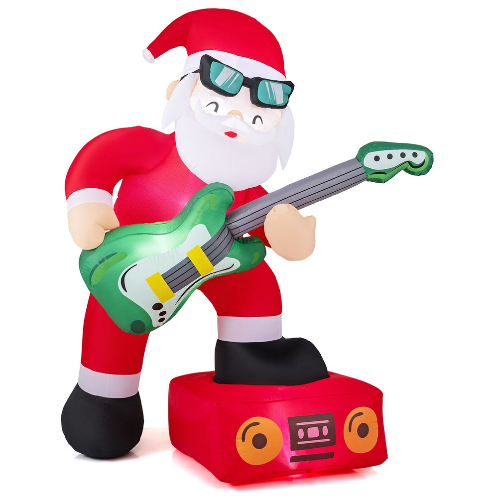 Santa Claus inflatable decoration playing guitar with amplifier, featuring bright LED lights for festive outdoor displays.