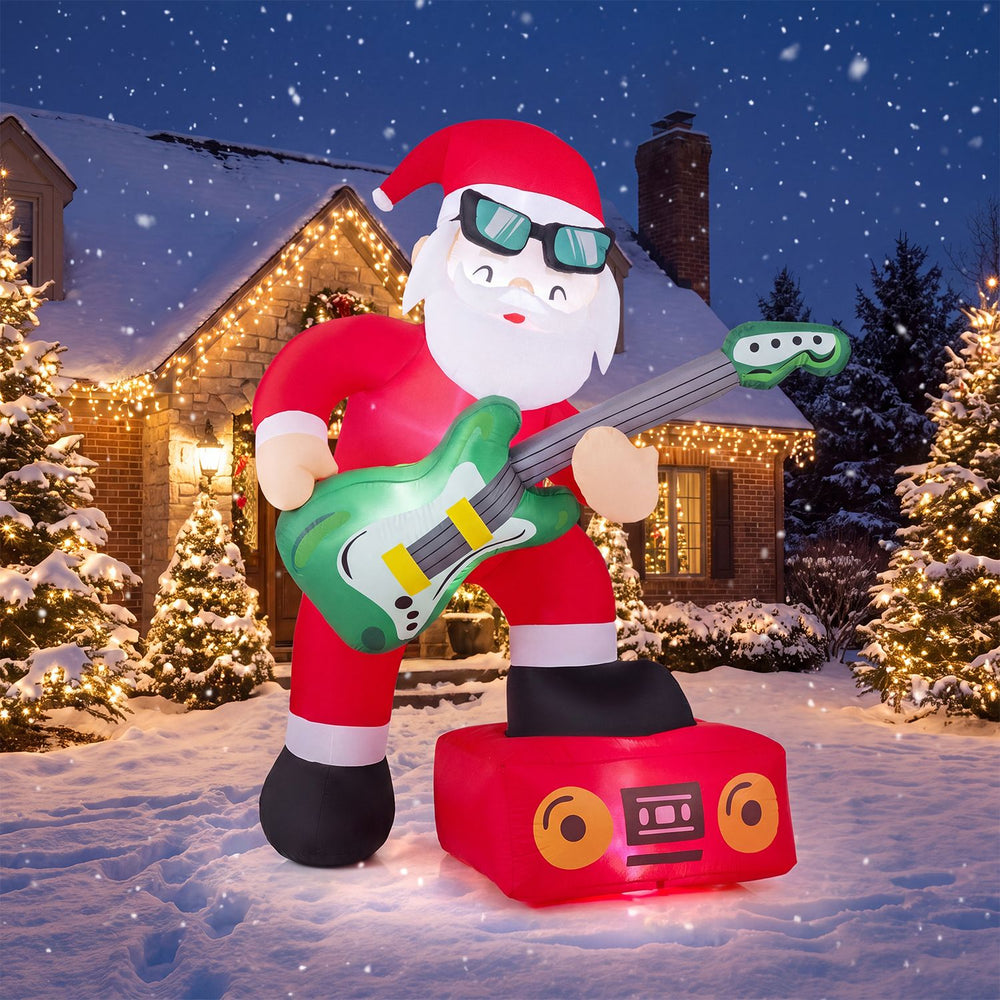 Santa Claus inflatable decoration playing guitar with bright LED lights, perfect for holiday yard displays.