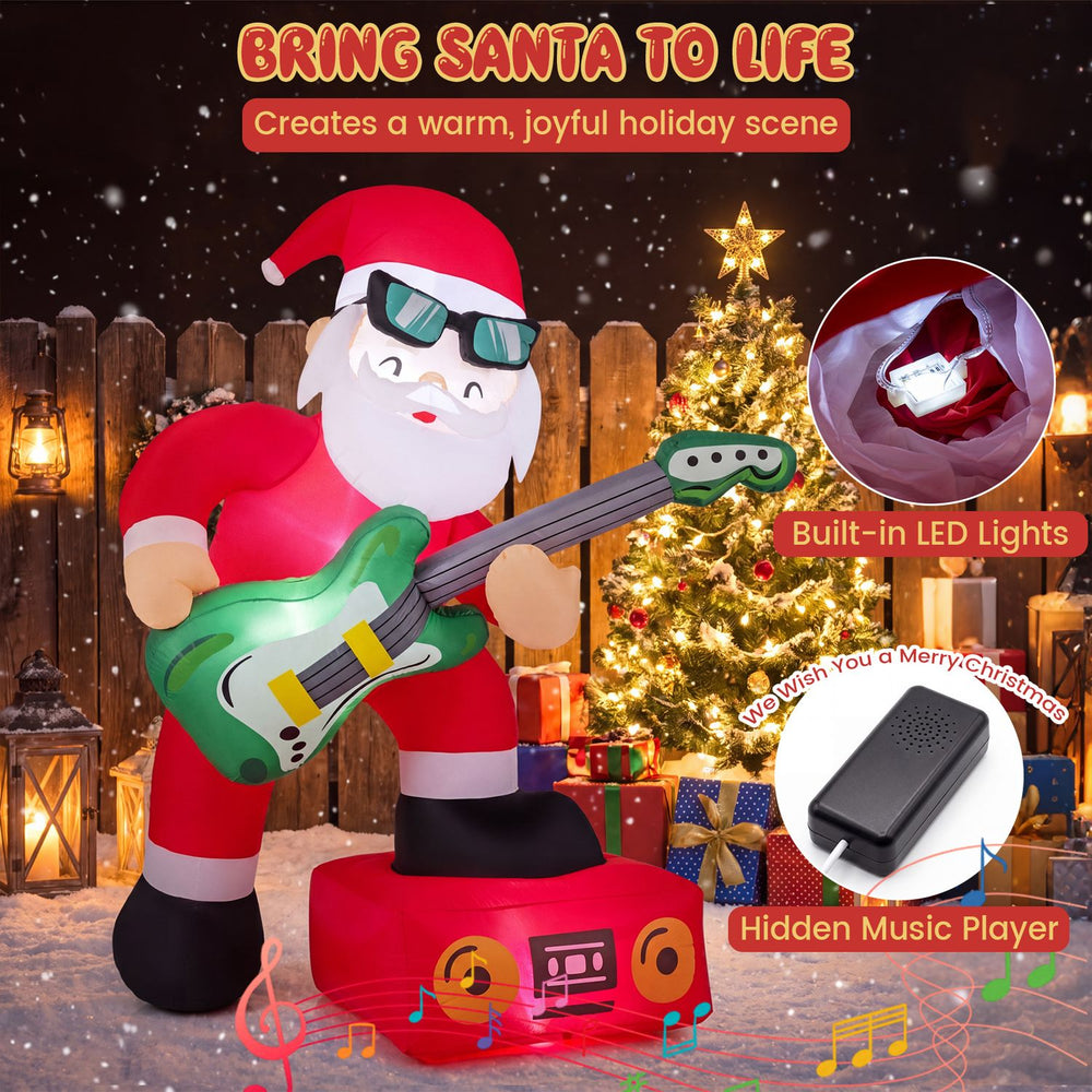 Santa Claus inflatable decoration playing guitar, featuring bright LED lights and built-in music player for festive joy.