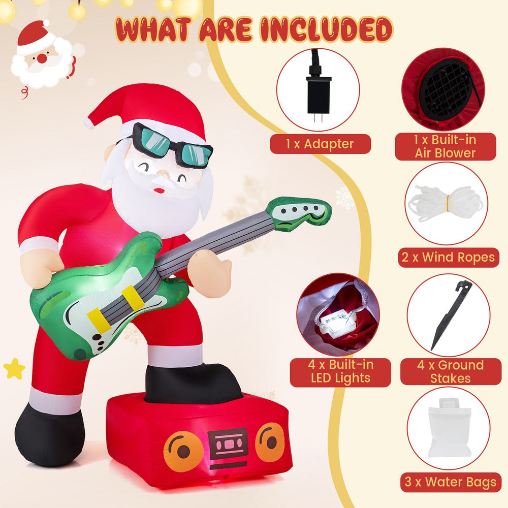 Santa Claus inflatable decoration plays guitar with LED lights, built-in air blower, and includes stakes for outdoor use.