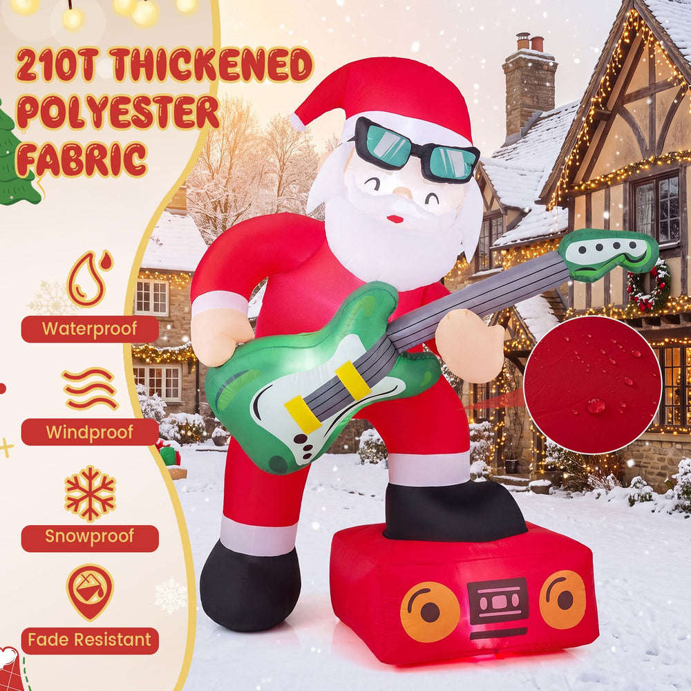 Santa Claus inflatable decoration playing guitar with LED lights, made of thickened polyester fabric for outdoor use.