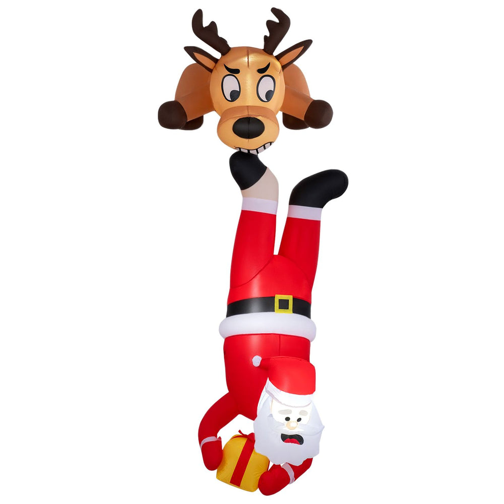 Inflatable climbing Santa and reindeer with built-in LED lights, a festive roof decoration for indoor or outdoor use.
