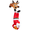 Inflatable climbing Santa Claus and reindeer with LED lights, shown full-length in red polyester fabric for holiday decorating.