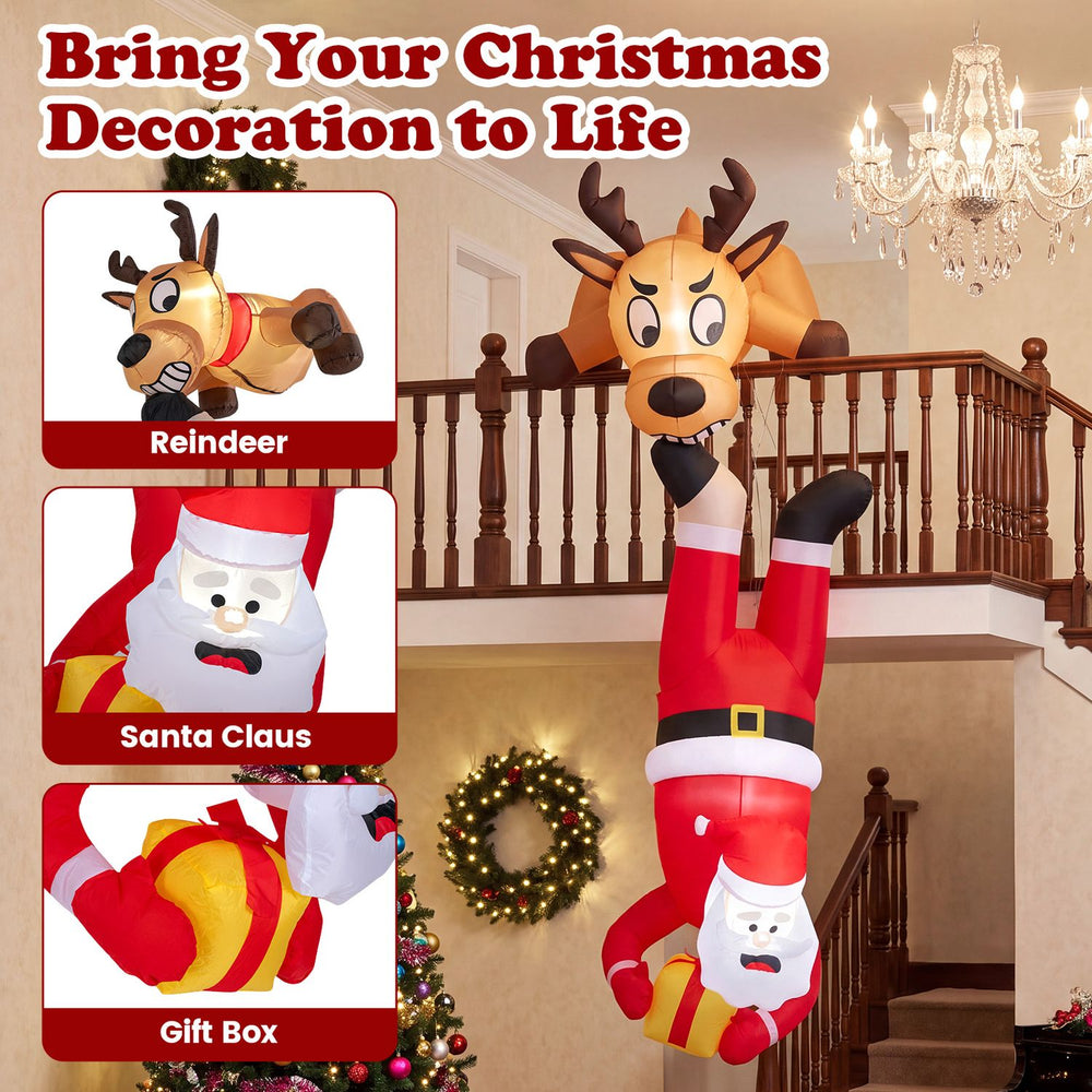 Inflatable climbing Santa Claus and reindeer with built-in LED lights, shown indoors as an 8 FT Christmas decoration.