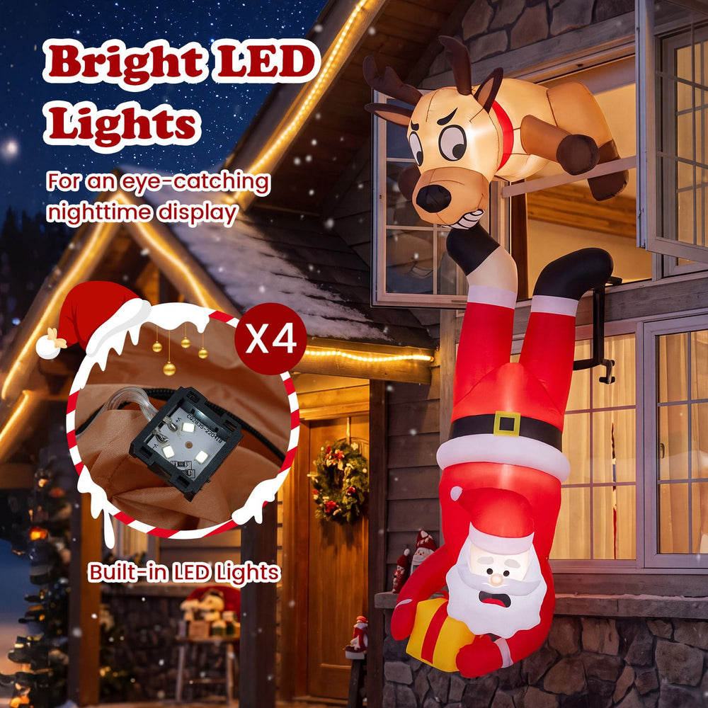 Climbing Santa and reindeer with built-in LED lights create an 8 FT inflatable Christmas rooftop display.