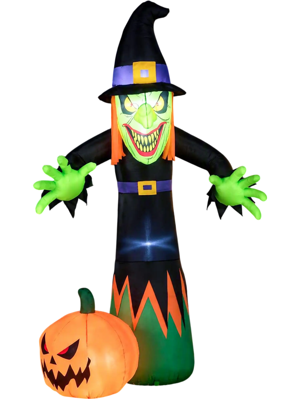 Tall 8 FT Halloween inflatable witch with pumpkin, built-in LED lights, perfect for yard decoration during the holiday.