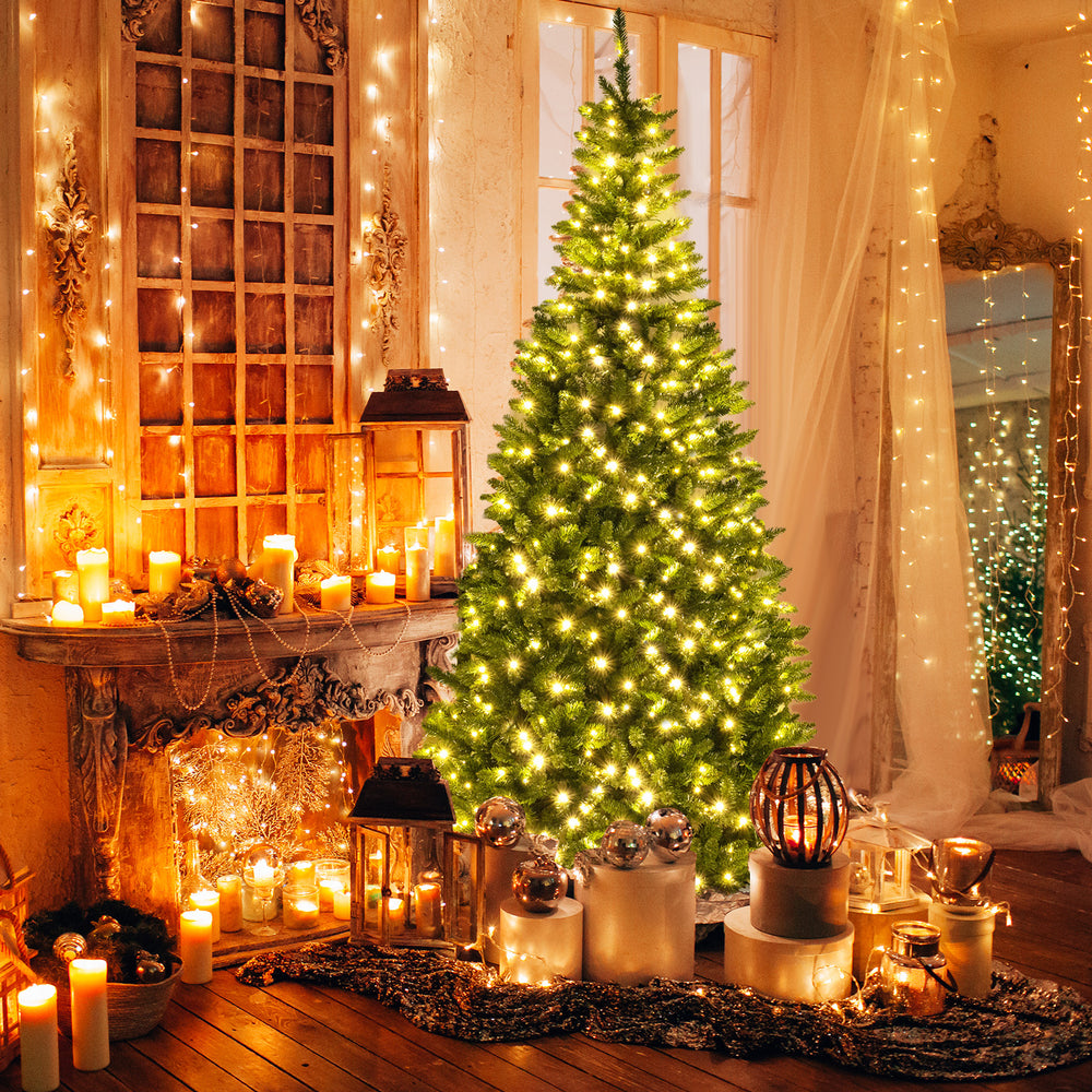 8 FT corner artificial Christmas tree with 1137 branch tips and warm white LED lights, beautifully lit for a festive.