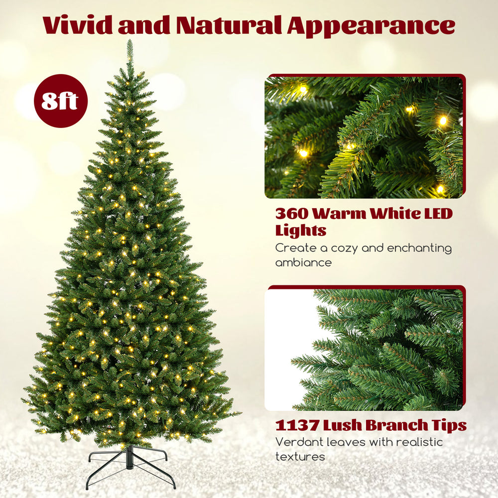 8ft corner artificial Christmas tree with 1137 branch tips and 360 warm white LED lights, perfect for small spaces.