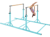 Double horizontal bars in green, 8 ft long, with adjustable heights for gymnastics training and practice.