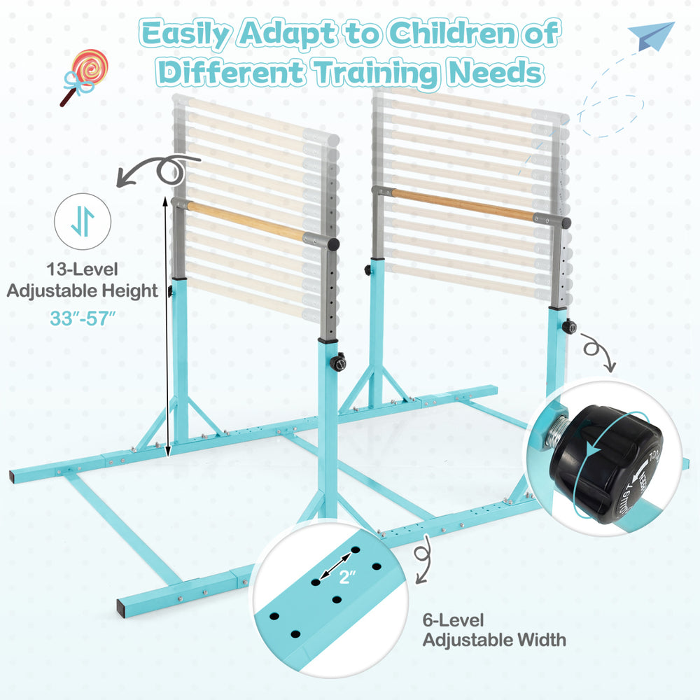 8 FT double horizontal bars in green with 13-level adjustable heights from 33" to 57", ideal for children's training.