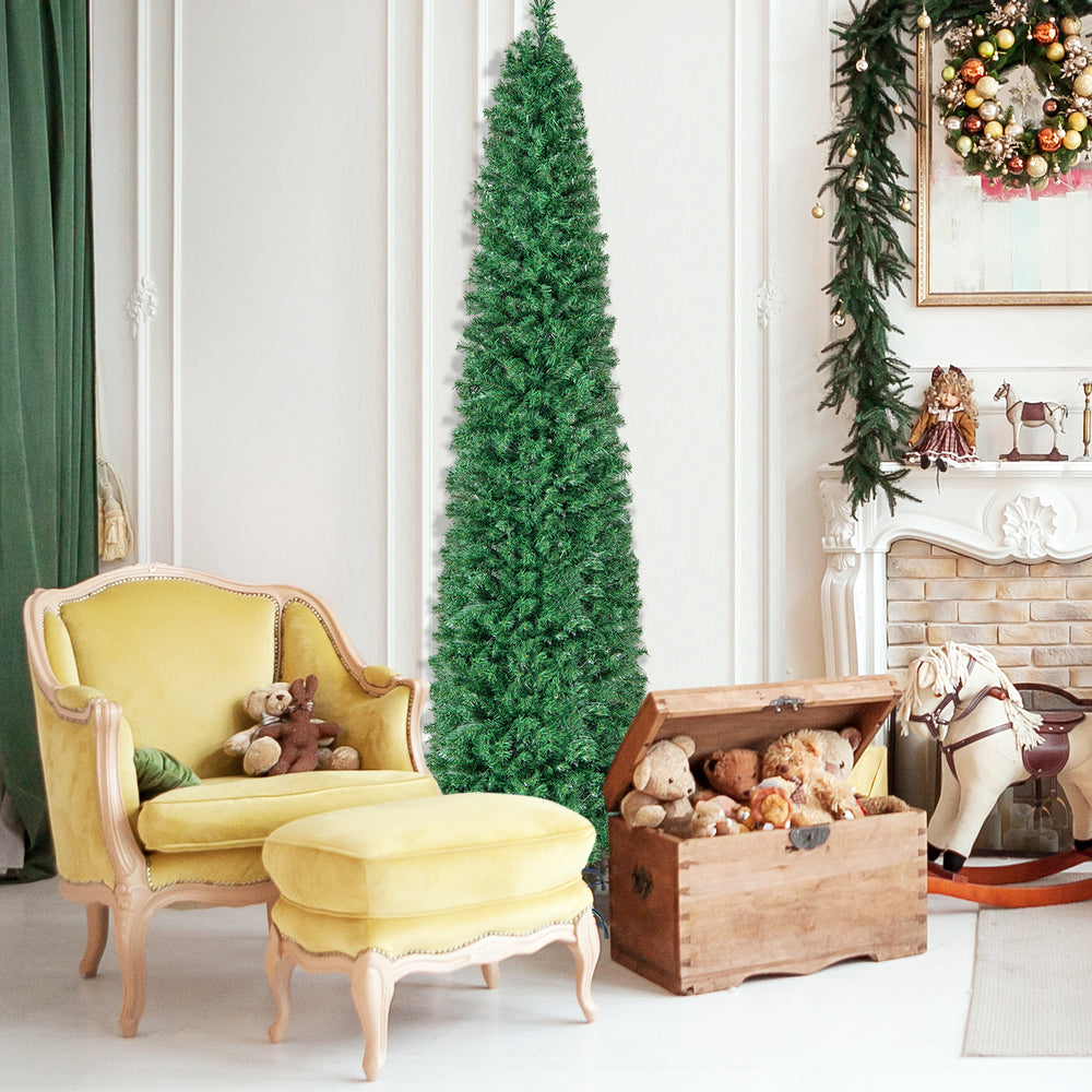 8 ft pre-lit Christmas pencil tree with colorful fiber optics, perfect for saving space in homes or offices.