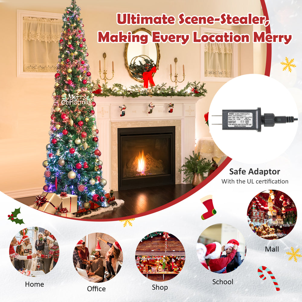 8 ft pre-lit Christmas pencil tree with colorful fiber optics and vibrant branch tips, perfect for home or office.