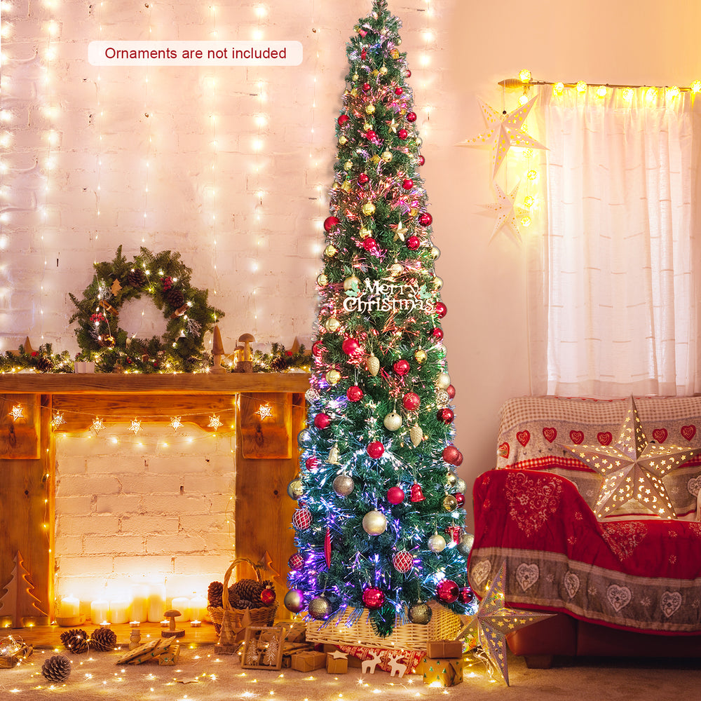 8 ft pre-lit Christmas pencil tree with colorful fiber optics, featuring vibrant branch tips for festive corner.